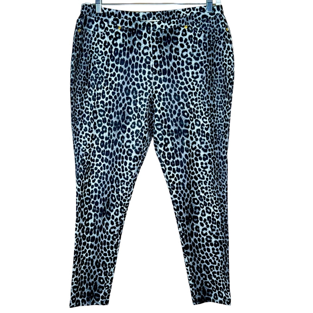 MICHAEL Michael Kors Black Leopard Print Leggings With Faux Fly XL EUC